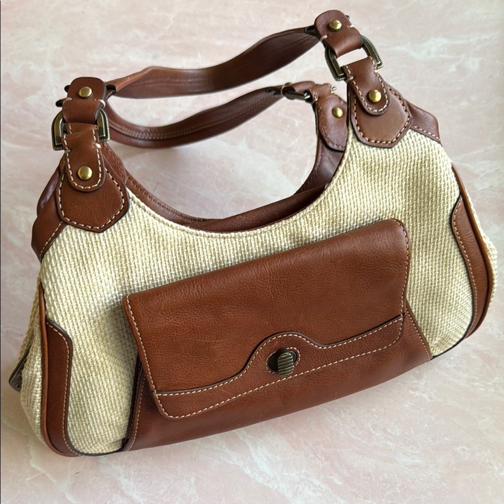 Vintage Cole Haan Brown Leather and Linen Women's Shoulder Bag - Picture 13 of 16